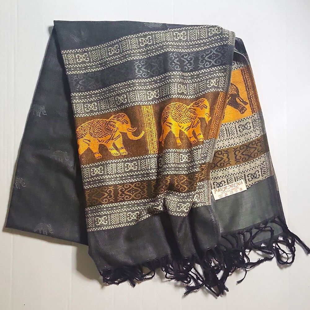 Pashmina 100% Cashmere Animal Elephant Fringe Scarf Black Gold Brown Gray 27x68
